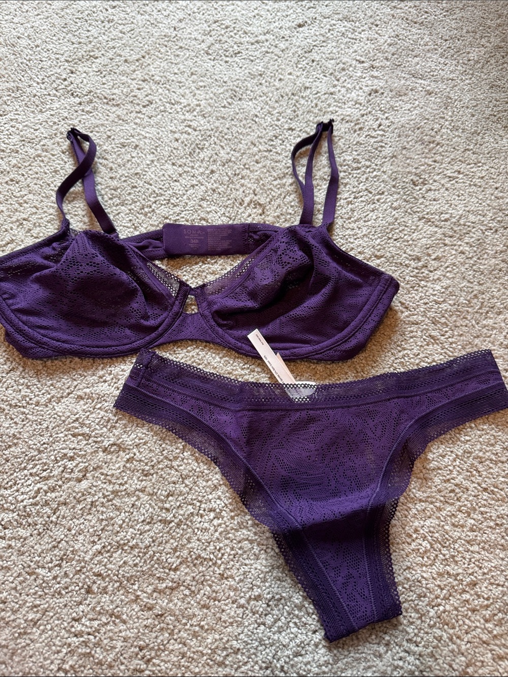 Soma Deep Purple Lace Underwire Bra and Bikini Set